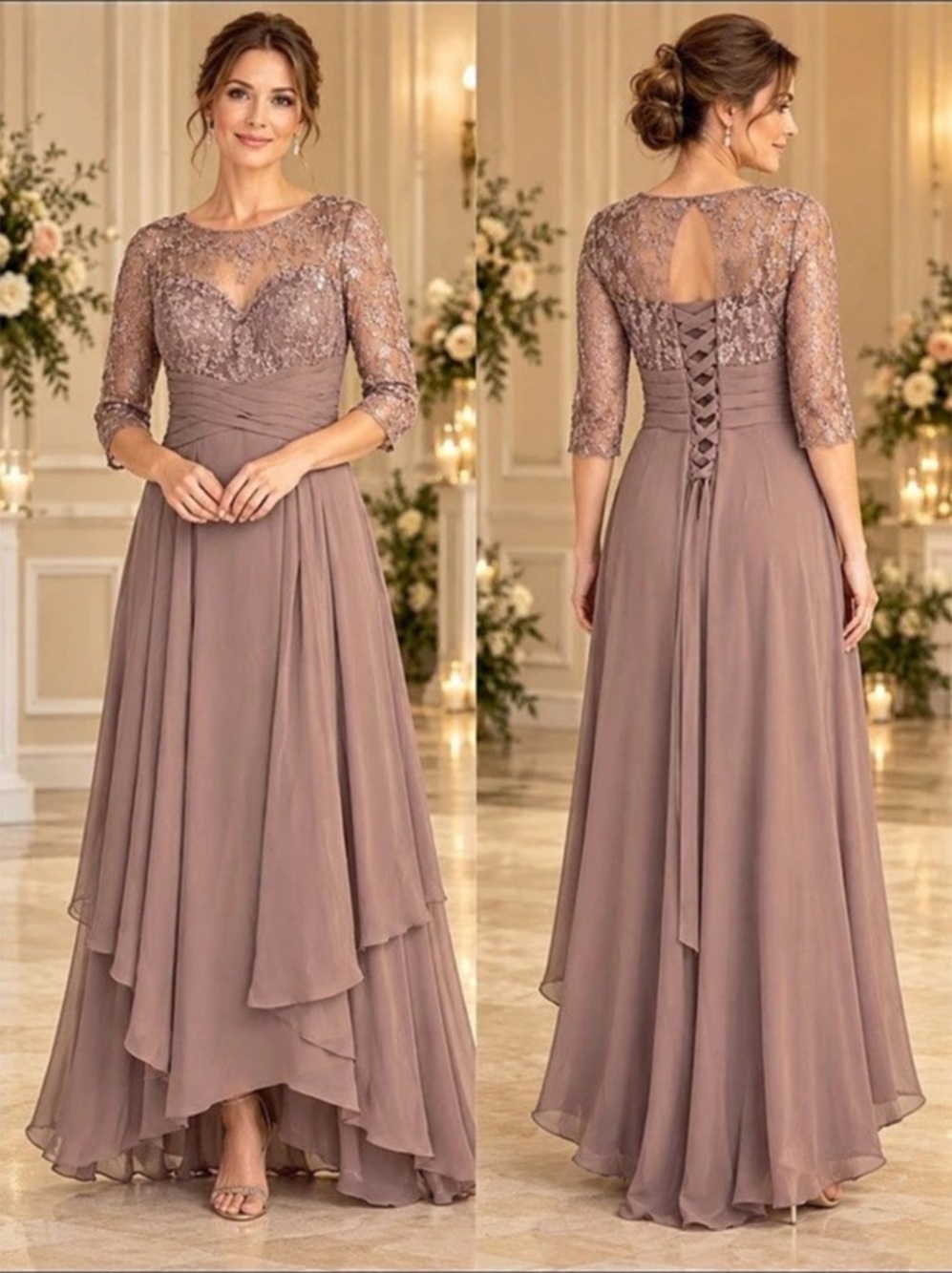 Floral Lace Maxi Dress in Brown NWT